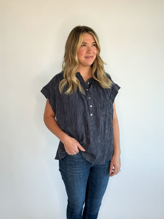 Mallory Striped Button Up- Navy