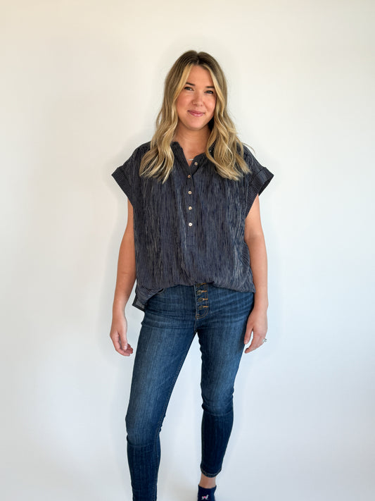 Mallory Striped Button Up- Navy