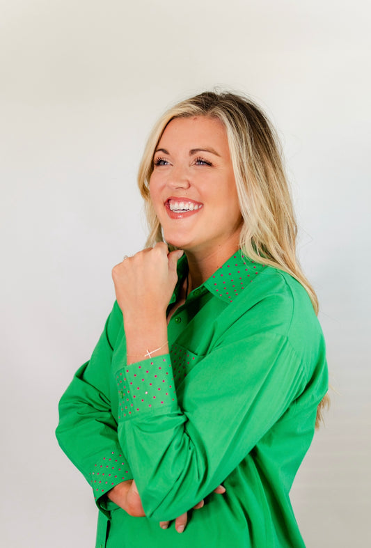 Rhinestone Button Up- Green & Pink