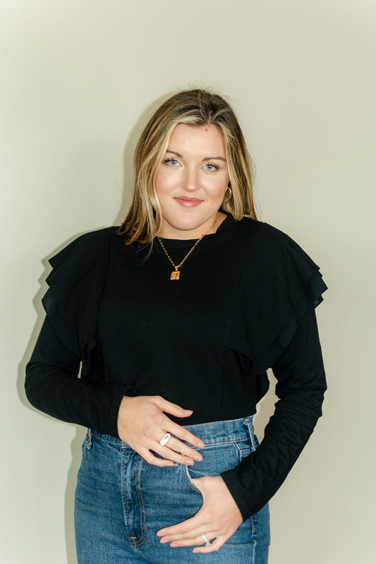 Long Sleeve Ruffle Shoulder Top- Black