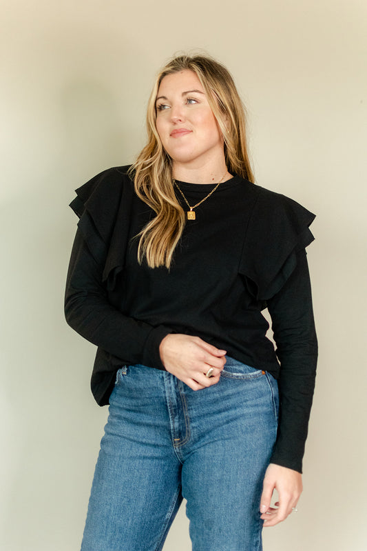 Long Sleeve Ruffle Shoulder Top- Black